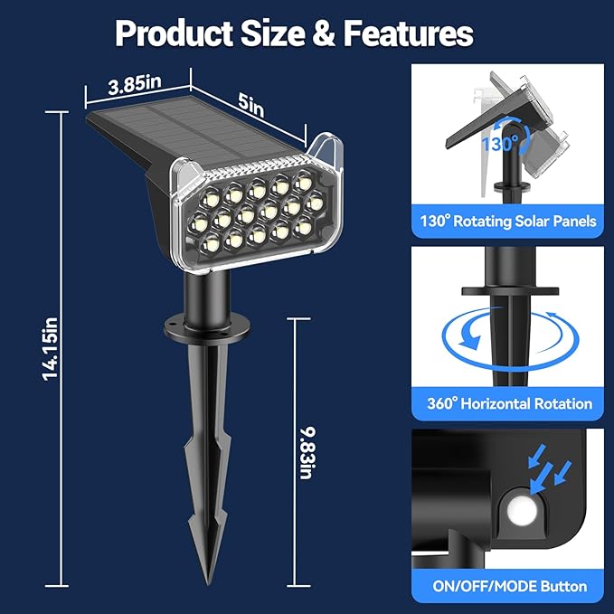 WdtPro Solar Spot Lights Outdoor Waterproof Bright Solar Lights Outdoor with 16 Extra-Large LEDs 3 Modes Landscape Spotlights 2-in-1 Solar Powered Light for Yard Flag Garden 4 Pack Cool White