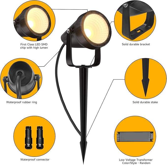 Outdoor Landscape Lighting - 24Pack Outdoor Spot Lights with Connectors &amp Transformer for Yard Plant Lawn Tree Flags House Garden Fence - 7W Warm Yellow 3000K Spotlights with IP65 Waterproof