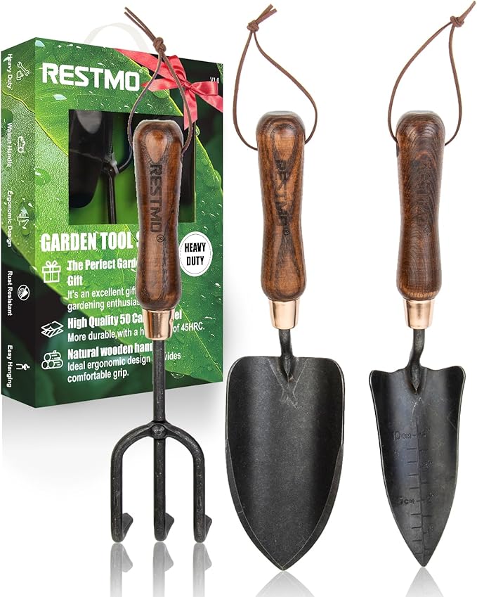 RESTMO 3-in-1 Heavy Duty Gardening Tools Kit Premium Carbon Steel Garden Hand Tools with Ergonomic Wooden Handle Includes Trowel Transplanter and Cultivator Ideal Gardening Gifts for Gardener