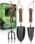 RESTMO 3-in-1 Heavy Duty Gardening Tools Kit Premium Carbon Steel Garden Hand Tools with Ergonomic Wooden Handle Includes Trowel Transplanter and Cultivator Ideal Gardening Gifts for Gardener