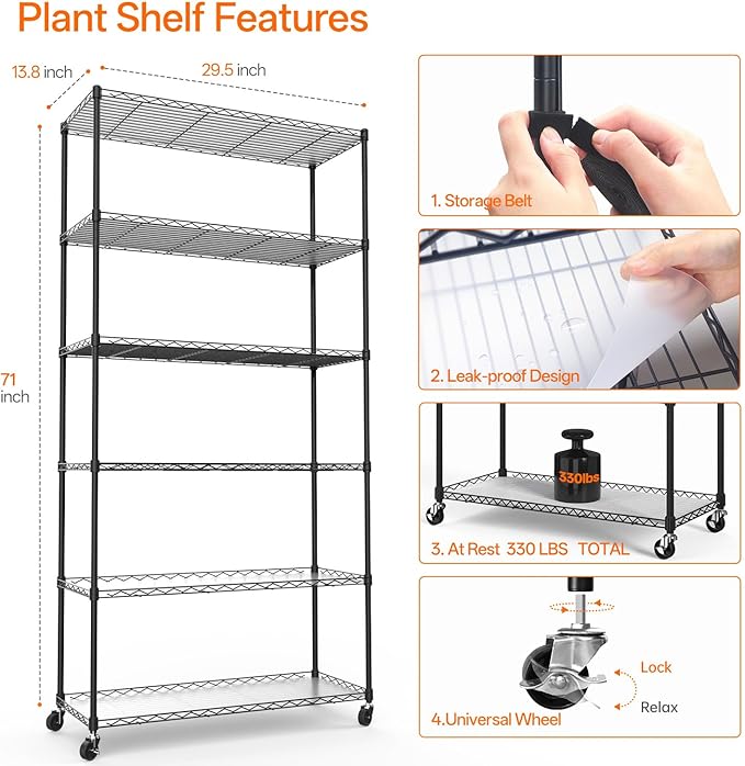 Bstrip Plant Shelf with Grow Light Metal Plant Stand with Adjustable Rack and Wheels 5 Pack T8 Full Spectrum Grow Light Strip for Indoor Plants Seed Starting Seed Tray 35.4x13.8x71
