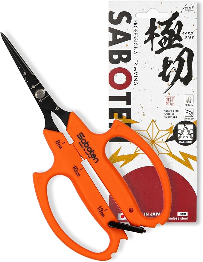 Saboten 6.3 Japanese Harvesting Shears Magnetic Springless Assist Fine-Tip Angled Blade Fluorine-Coated Stainless Steel Ergonomic Non-Slip Grip Safety Lock Made in Japan
