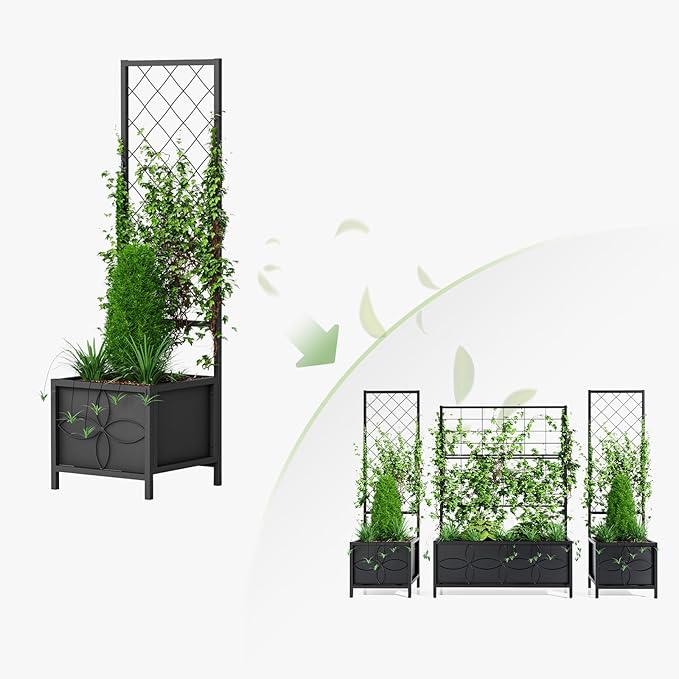 Zhongma 15.75 x 15.75 x 55 in Raised Garden Bed with TrellisHeavy Duty Plant Box for Climbing Plants with Drainage Hole Metal Lattice Planter Gardon Box with Inner Fabric Liners.