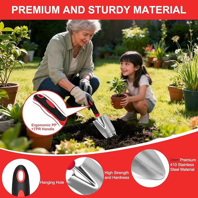 Yesker Gardening Tools 9-Piece Heavy Duty Garden Tool Set Gardening Supplies Gifts for Women Men Gardening Hand Tool Kit with Non-Slip Ergonomic Handle Garden Bag Durable Gloves Pruning Shears Red