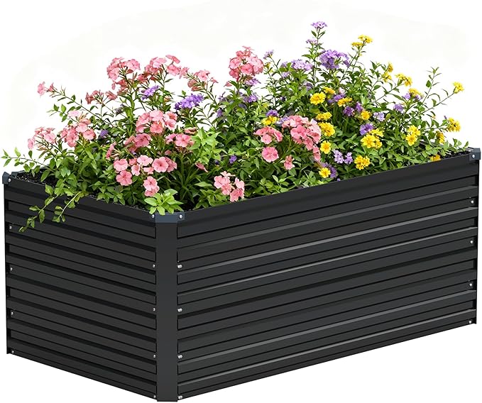 Vengarus 4x2x2FT Galvanized Raised Garden Bed Kit Outdoor Metal Planter Box for Vegetables FruitsHerbs and Succulents - 120 Gallon CapacityBlack