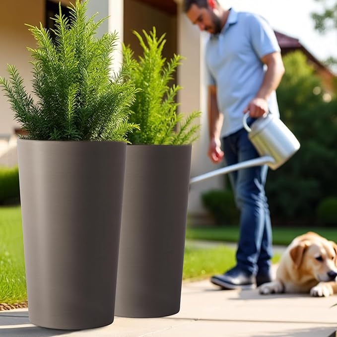 2 Pack Tall 21.7 in for Outdoor Plants Tall Square Planter Box Indoor Outdoor Porch Patio Flower Pot Big Tapered Matte Tree Flower Pot for Garden (Brown)