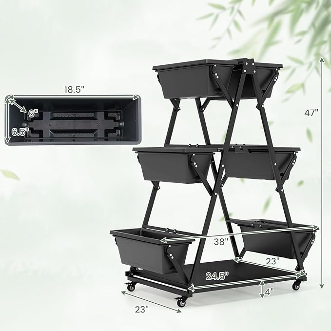 HAPPYGRILL Raised Garden Bed Vertical Garden Planter with Lockable Wheels Drainage Holes 3-Tier Elevated Planter Box for Deck Patio Balcony Perfect for Vegetables Flowers Herbs Tools
