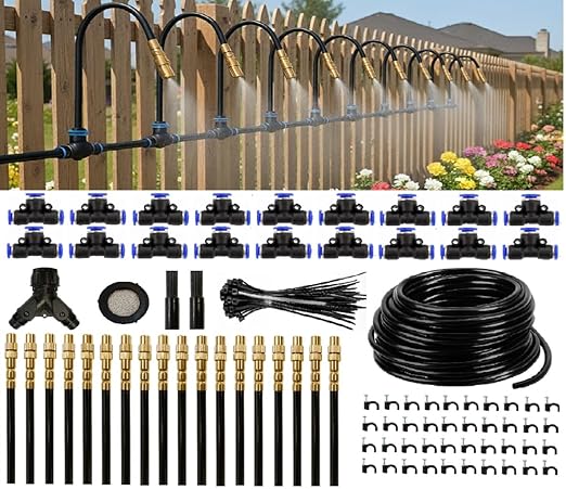Automatic Garden Irrigation System 100ft Upgraded Drip &amp Spray Watering Kit with 18 Adjustable Copper Nozzles for Raised Beds Outdoor Garden Lawn Potted Plants &amp Greenhouse (100ft)