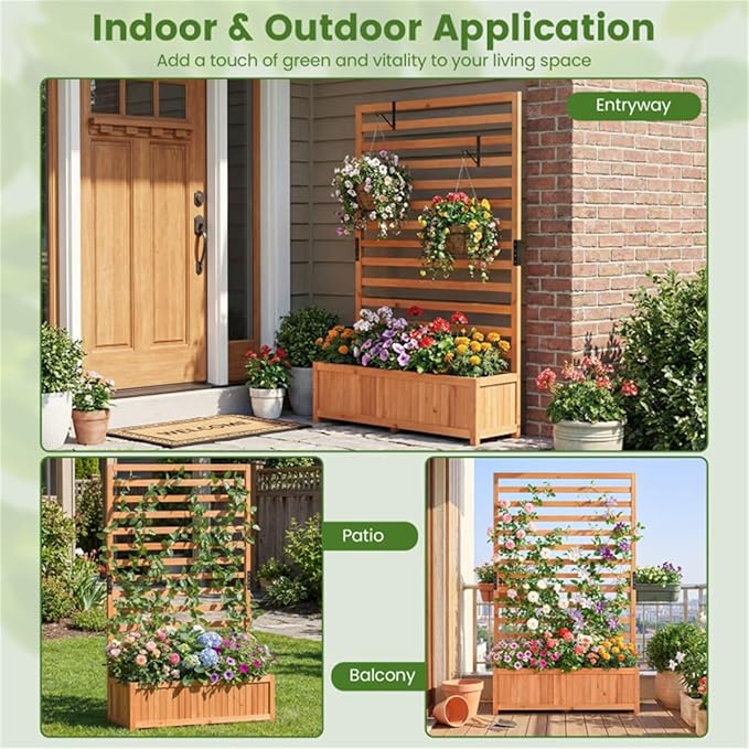 Fir Wood Raised Garden Bed with Trellis 91.44×35.56×149.86 cm Orange Planter Box with Drainage Liner 88 lbs Capacity for Climbing Plants