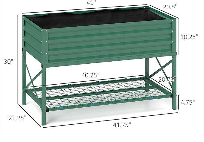 Outsunny Raised Garden Bed with Galvanized Steel Frame Storage Shelf and Bed Liner Elevated Planter Box with Legs for Vegetables Flowers Herbs Green