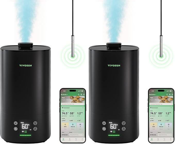 VIVOSUN AeroStream H05 Intelligent Wi-Fi Humidifier 1.32 Gal / 5 L Humidifier with Temp &amp Humidity Probe Smart Remote Control Designed for Growers (Pack of 2)