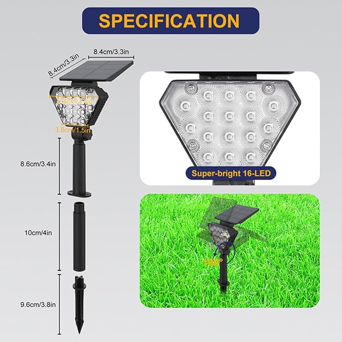 16 LED Solar Spot Lights Outdoor Waterproof 2 Pack Solar Lights Spotlight Landscape Lighting Auto ON/Off Outdoor Solar Lights for Yard Garden Lawn