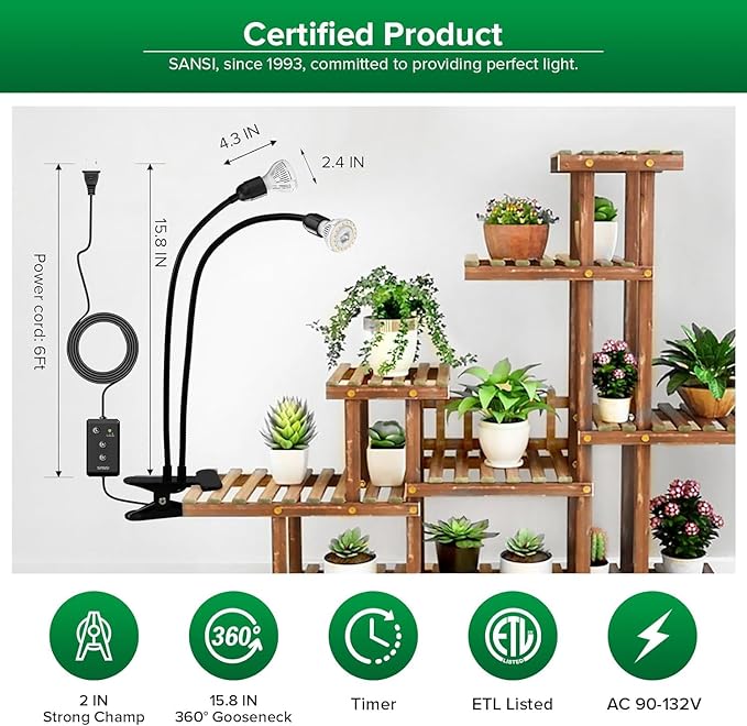 SANSI Grow Lights for Indoor Plants LED Pot Clip Plant Light for Growing 2PACK + 300W Full Spectrum 2-Gooseneck Clip Plant Grow Light 1PACK High PPFD Growing Power Grow Lamp