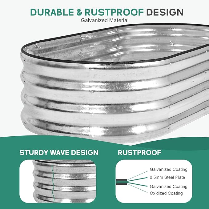 Galvanized Raised Garden Bed - 4×2×1ft (2 Packs) Planter Raised Beds for Gardening | Oval Metal Garden Planter Box with Safety Edging and Gloves for Vegetables Fruits and Flower - Silver
