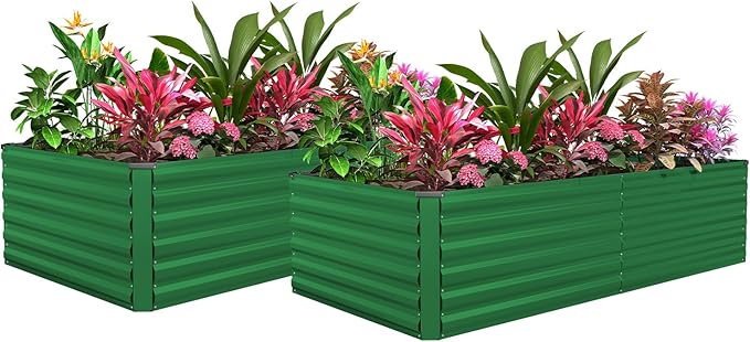 FOOWIN 2pcs 8x4x2ft Galvanized Raised Garden Bed Planter Raised Garden Boxes Outdoor Large Metal Raised Beds for Gardening Garden Bed for Vegetables Flowers Herb478 Gallon Capacity Green