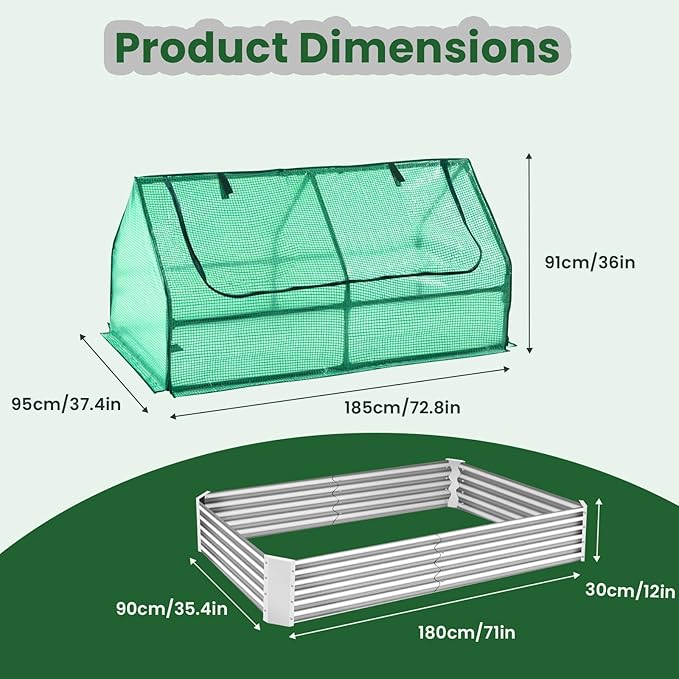 3-1 Galvanized Raised Garden Bed 73 x 37.4 x 36 inch Greenhouse Cover Outdoor Garden Yard Greenhouse Tent with Zipper Doors Garden Bed Planter Kit Box for Growing Flowers Fruits Vegetables