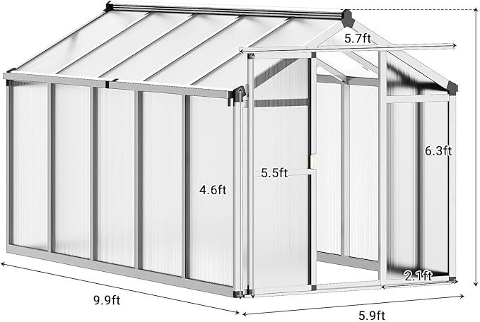 6X10 FT Greenhouse Greenhouses for Outside Aluminum Frame Polycarbonate Panels with Sliding Lockable Door and Ajustable Roof Vent Spacious Walk-in Design for Backyard Garden Patio Silver