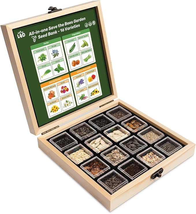 Lush&ampDew Save Bees Garden Seed Bank Gardening Gift for Women Men16 Varieties Non-GMO Heirloom Pollinator-Friendly Flower Herb Seeds Kit Planting in Raised Beds Outdoors Milkweed Poppy Lupine