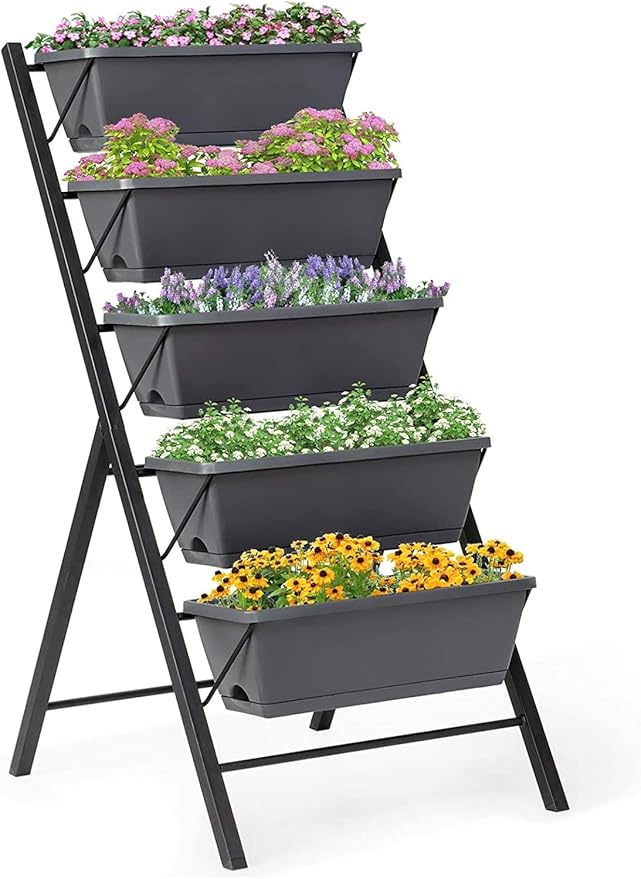 GRAFFY Vertical Raised Garden Bed 5 Tier Elevated Flower Planter Raised Beds with Water Drainage Vertical Garden Planter Freestanding Raised 5 Container Boxes for Balcony Patio Backyard