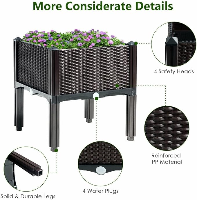 Set of 4 Raised Garden Beds w/Brackets Elevated Garden Bed Kit Patio Flower Plant Planter Box Container Indoor Outdoor Perfect for Porches Decks Balconies Yard Gardening Brown