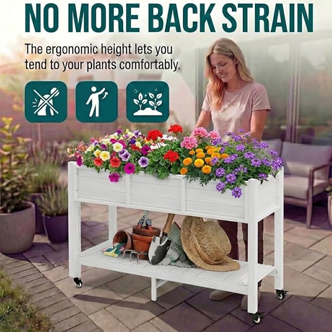 YITAHOME Raised Garden Bed HDPE 47x18x31In Raised Flower Bed Poly-Wood Weather-Resistant Elevated Planter Box with Lockable Wheels &amp Storage Shelf for Vegetable Flower White