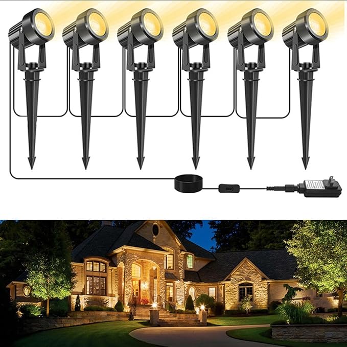 6in1 3000kOutdoor Landscape Lighting 6In1 Pack Outdoor Spot Lights LED Landscape Lighting for Yard Plant Lawn Garden IP65 Waterproof 3000K Warm White