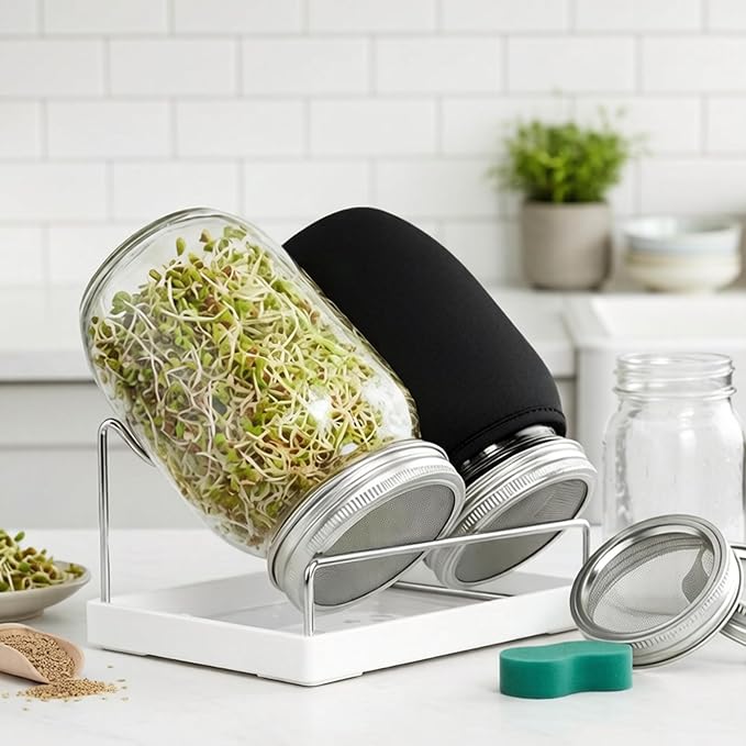 Sprouts Growing Kit Wide Mouth Sprouting Jar Kit with Stainless Steel Mesh Lids Drip Tray and Stand for Broccoli Mung Bean &amp Alfalfa