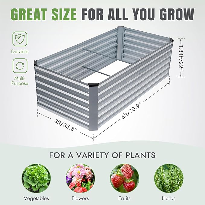 INNO STAGE 6x3x2ft Galvanized Raised Garden Bed Raised Garden Bed Kit-Metal Planter Box Outdoor Planting for Vegetables Fruits Herbs Flowers Silver