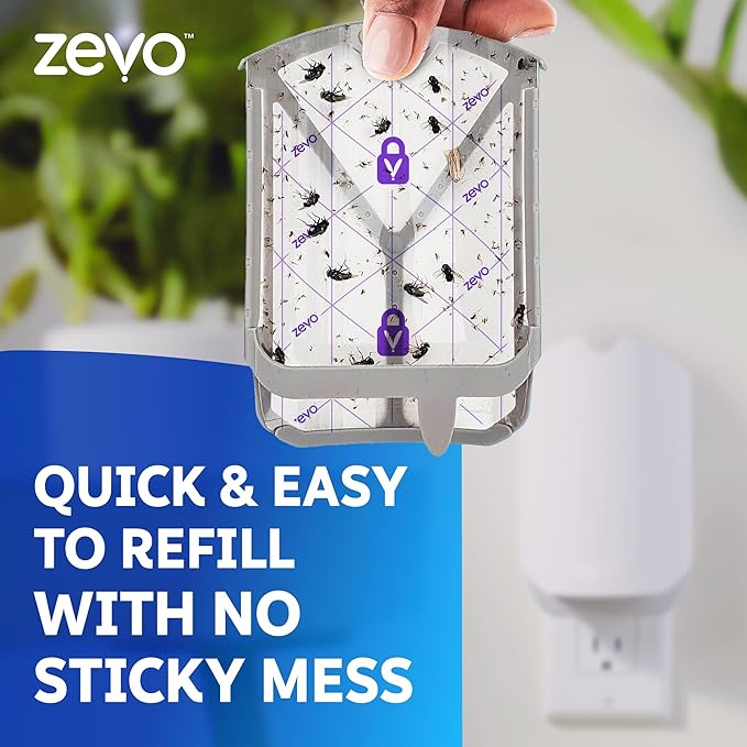 Zevo Flying Insect Trap &amp 3 Refill Cartridges - Plug in Fly Trap &amp Indoor Bug Catcher for Gnats House &amp Fruit Flies - Blue &amp UV Light Technology Mess-Free Alternative to Bug Zapper