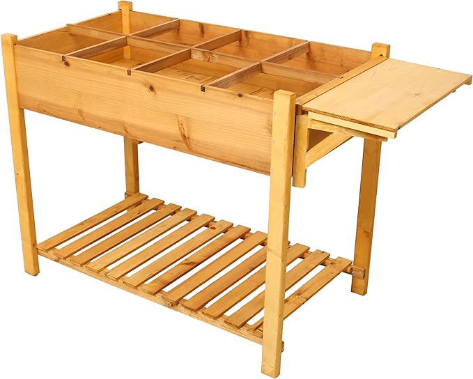 8 Pockets Horticulture Raised Garden Bed Elevated Wood Planter Box Stand with Foldable Side Table and Storage Shelf for Herb/Vegetables/Flowers (Wood)