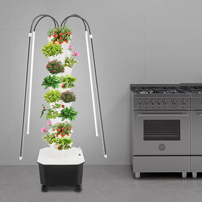 Vertical Hydroponic Garden Tower 40 Pod Hydroponics Growing System 8 Tier Vegetable Planter with LED Grow Lights for Gardening Lover (White)