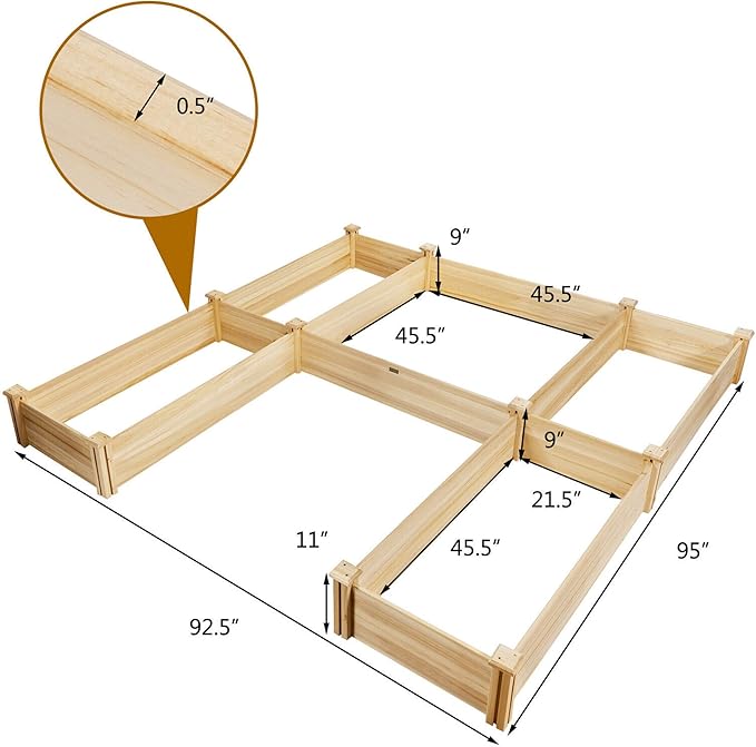DORTALA Raised Garden Bed Wooden Raised Garden Box Planter Container for Herbs Flowers Vegetables Ideal for Backyard Patio Natural 92.5’’x95’’x11’’