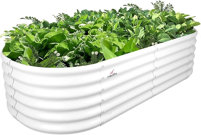 A ANLEOLIFE 6X2X1.5 ft Galvanized Raised Garden Beds Outdoor Oval Round Metal Planter Box for Planting Vegetables Flowers Herb Anti-Rust &amp Easy-Setup Antique White