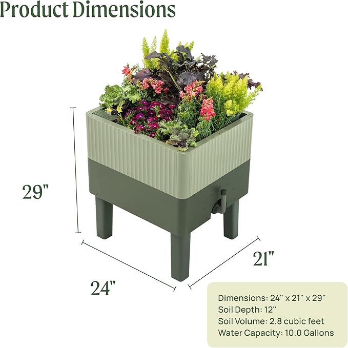 Vego garden EZCube Self Watering Planter Box with Legs 29 Elevated Raised Garden Bed with Water Gauge for Patio Backyard 21 x 24 Sage Green