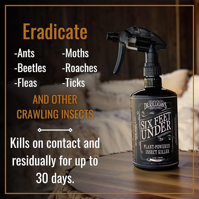 Dr. Killigan's Six Feet Under Plant Powered Insect Killer Spray | Indoor Natural Pest Control | Fleas Pantry &amp Clothing Moths Ants &amp Cockroaches | Family Friendly Pet Safe (24 oz)