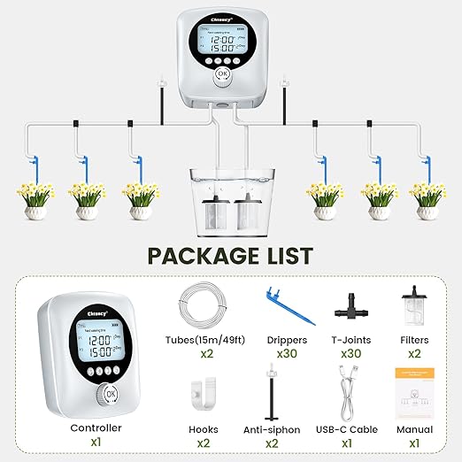 Automatic Plant Waterer for 30 Potted Plants - 98FT Dual Pumps Automatic Watering System Vacation Self Watering Drip Irrigation System &amp Plant Watering Device with Programmable Water Timer