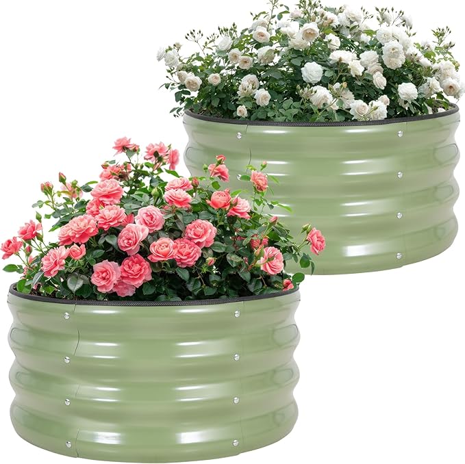 Galvanized Raised Garden Bed- 2Pcs 2x2x1FT Metal Planter Boxes Outdoor | Round Steel Raised Bed Kit &amp Fire Pit Ring for Gardening with Protective Tape Gloves for Vegetables Flower (Green)