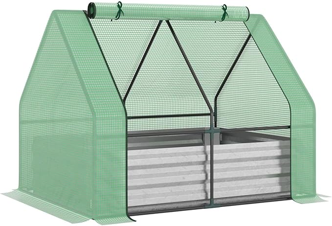 Galvanized Raised Garden Bed with Mini Greenhouse Cover Outdoor Metal Planter Box with Roll-Up Windows