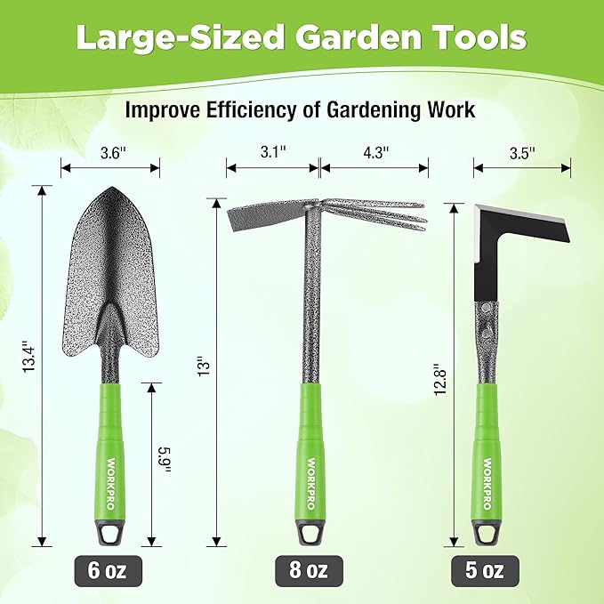 WORKPRO 6-Piece Garden Tool Set Heavy Duty Gardening Hand Tools with Soft Rubber Handle Including Trowel Rakes 2-in-1 Hoe and Crack Weeder Ideal Gardening Gifts for Men and Women