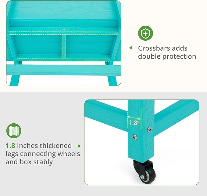 LUE BONA Raised Garden Bed with Wheels 48 * 16.7 * 28 in Poly Elevated Outdoor Planter Box with Tools Weather Resistant Standing Growing Bed Herb Planter for Vegetable Flowers Fruits
