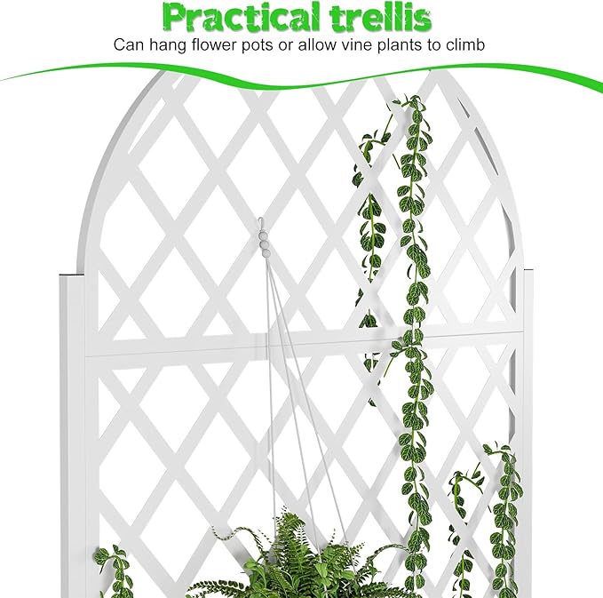 Raised Garden Bed with Trellis Metal Planter Box with Drainage Hole and Wheels Privacy Screen Rust-Resistant Trellis Planter for Climbing Plants Vegetable Vines Space-Saving White