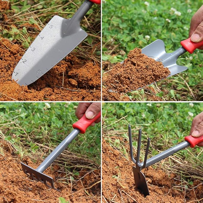 Hand Rake Garden Tool Gardening Hand Tools SetCultivator Hand Rake with Soft Rubberized Non-Slip Ergonomic HandleGarden Gifts for Women &amp Men (Red) Pack of 4