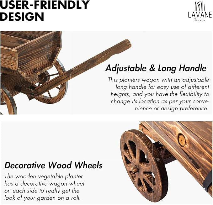 Wood Wagon Movable Planter Box LA VANE Wooden Rustic Garden Flower Pot Stand DIY Rolling Cart Wheelbarrow Raised Bed with Wheels &amp Drainage Hole for Indoor Outdoor Décor Patio Balcony Backyard