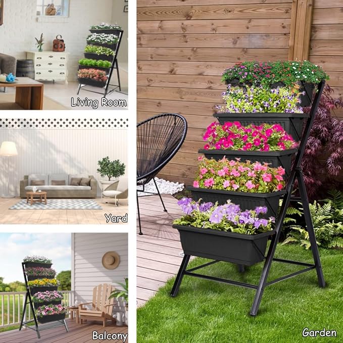 Homdox 5-Tier Elevated Garden Bed- Freestanding Vertical Raised Bed for Gardening with 5 Garden Planter Boxes- Perfect to Grow Vegetables Herbs Flowers Indoor Black