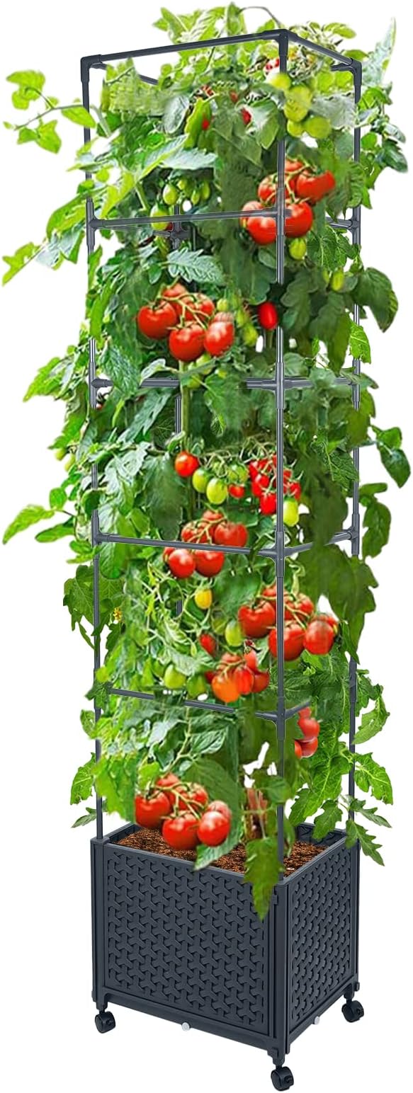 GREEN MOUNT Raised Garden Bed Planter Box with Trellis for Climbing Vegetables Plants 67.6 Outdoor Tomatoes Planters Tomato Cage w/Wheels