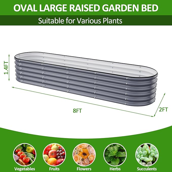 Gruper Galvanized Raised Garden Bed 8×2×1.4 ft Tall Oval Large Metal Planter Raised Garden Boxes Outdoor for Vegetable Fruits Flower Herb Anti-Rust and Sturdy &amp Easy-Setup