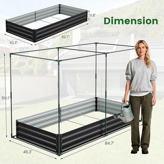 Galvanized Raised Garden Bed with Crop Cage Plant Protection Net Tent Kit for Garden Plant 82.7x43.3x 59 Plants Protection Tent Cage Metal Planter Box Bottomless Planting Vegetables Outdoor