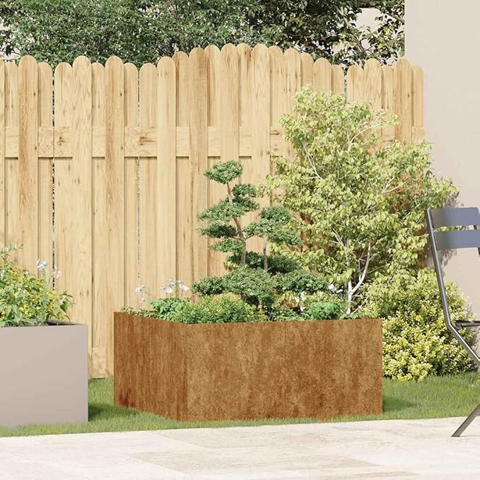 Rusty Weathering Steel Large Square Planter Box Outdoor Garden Raised Bed with Drainage 31.5x31.5x15.7 Inch Metal Garden Planter for Patio Terrace