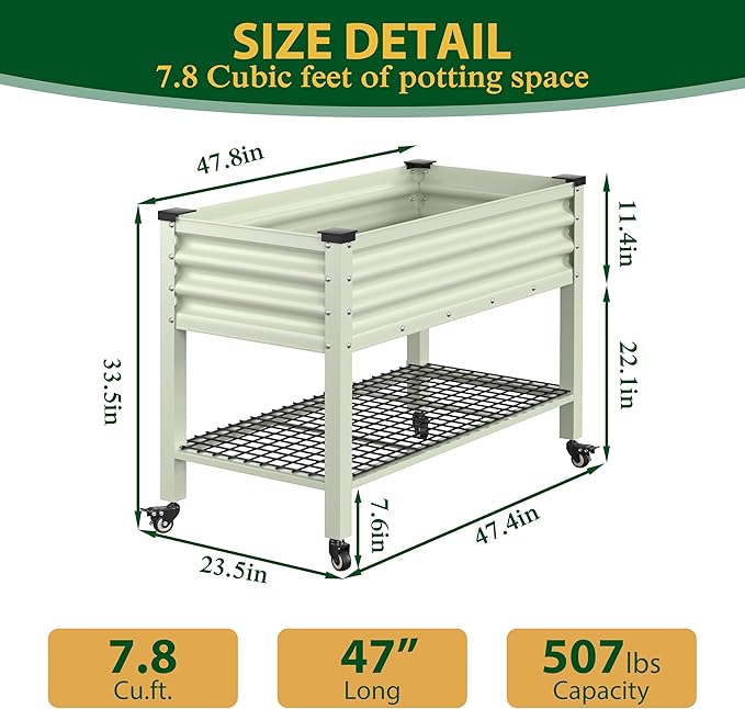 VEIKOU 48x24x34in Galvanized Steel Raised Garden Bed for Outdoor with Shelf and Casters Drainage Holes Detachable Liner Steel Planter Box for Gardening 507 lbs Capacity Cream White