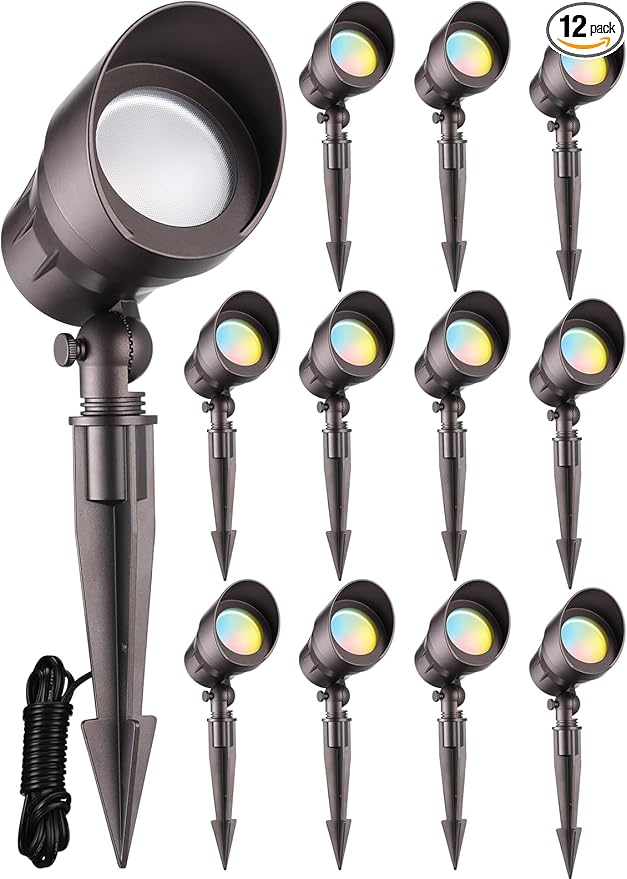 LEONLITE 12-Pack 5CCT Low Voltage LED Landscape Spotlight Update 1800K2700K3000K4000K5000K Selectable 5W 12V Pathway Lights Outdoor CRI90 Aluminum Spot Lights for Garden Yard ETL IP65 Waterproof